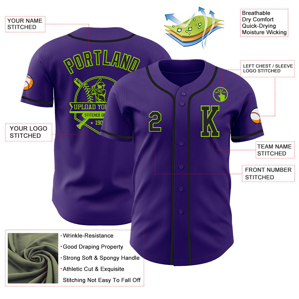 Custom Purple Black-Neon Green Authentic Baseball Jersey view 6