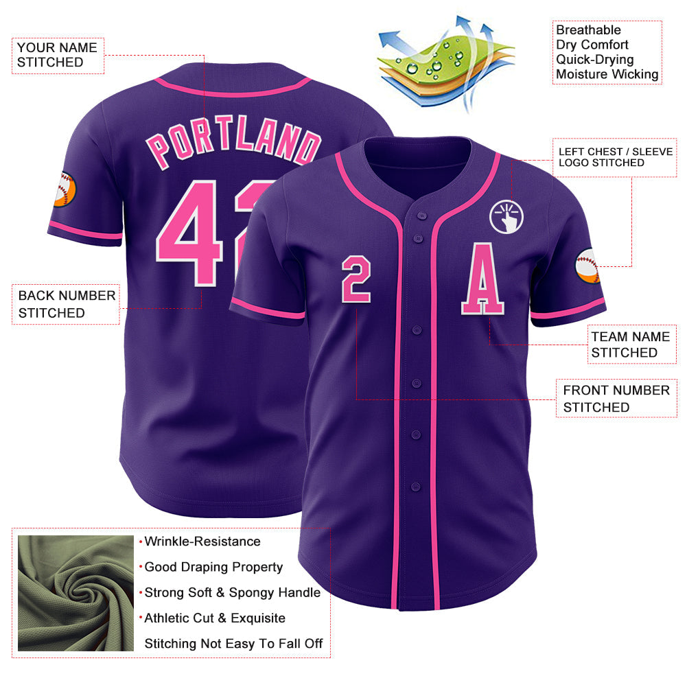 Custom Purple Pink-White Authentic Baseball Jersey view 2