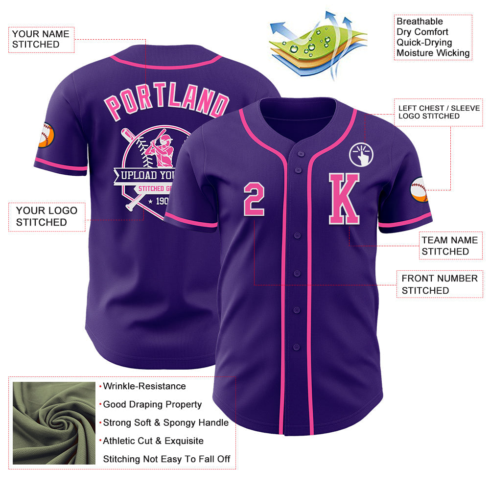 Custom Purple Pink-White Authentic Baseball Jersey view 6