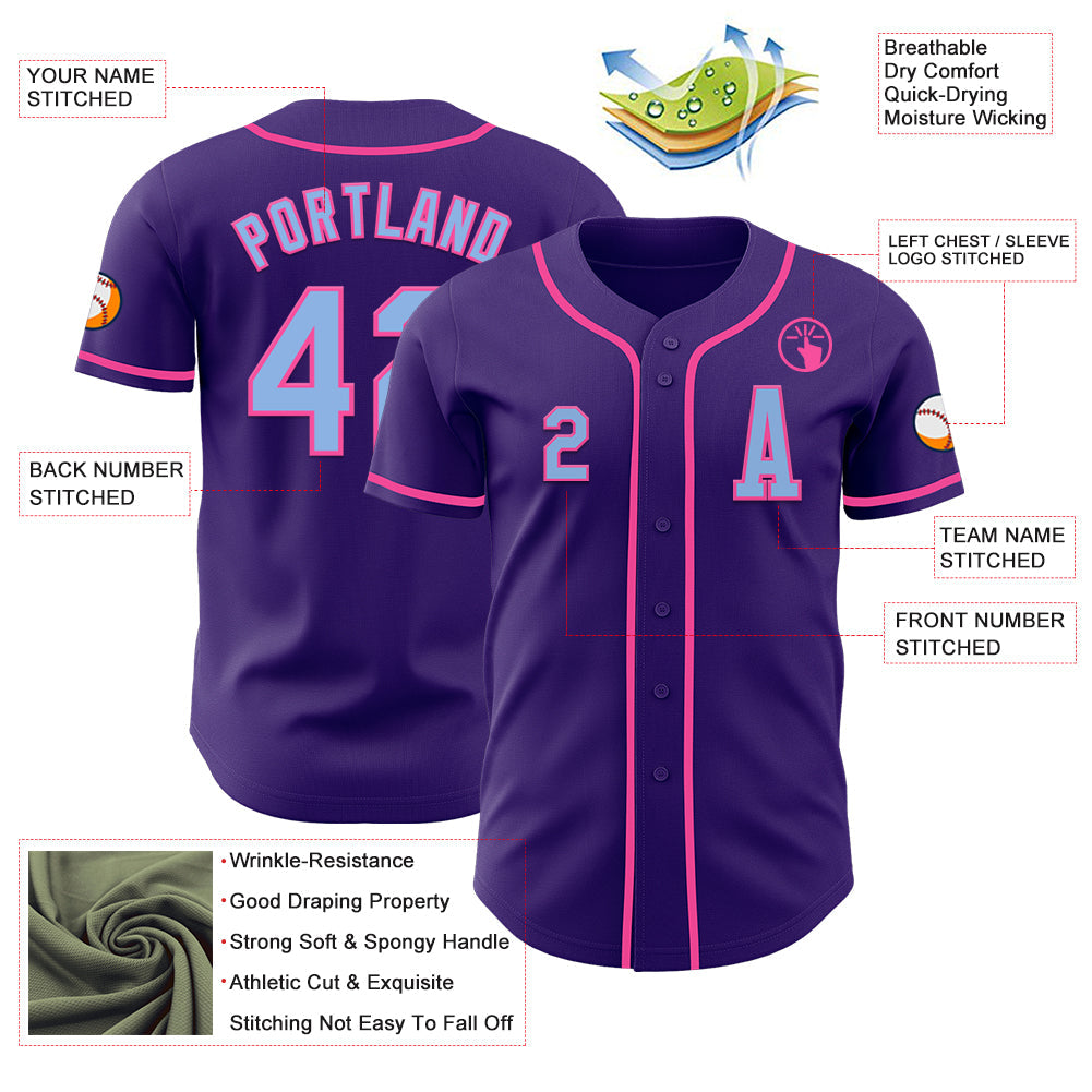 Custom Purple Light Blue-Pink Authentic Baseball Jersey view 2