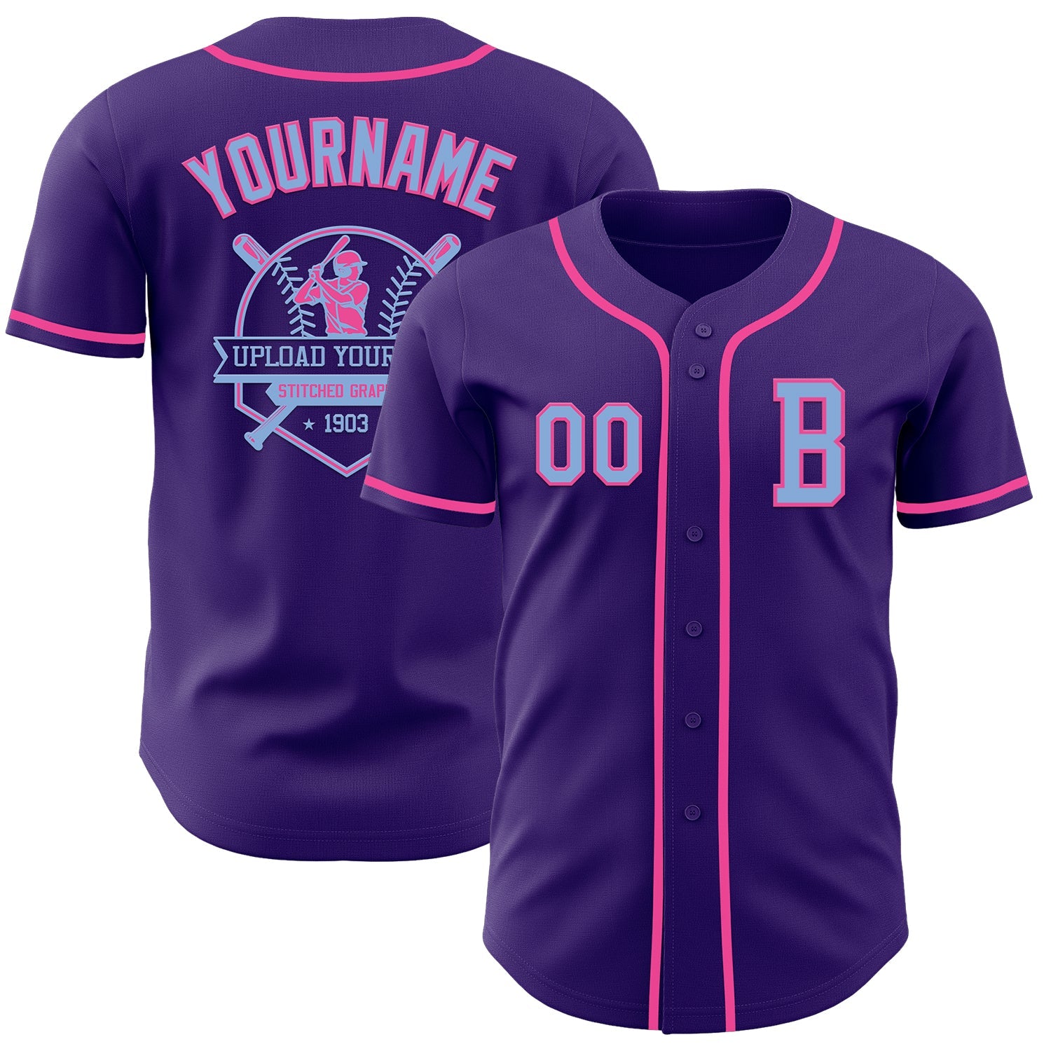 Custom Purple Light Blue-Pink Authentic Baseball Jersey view 5