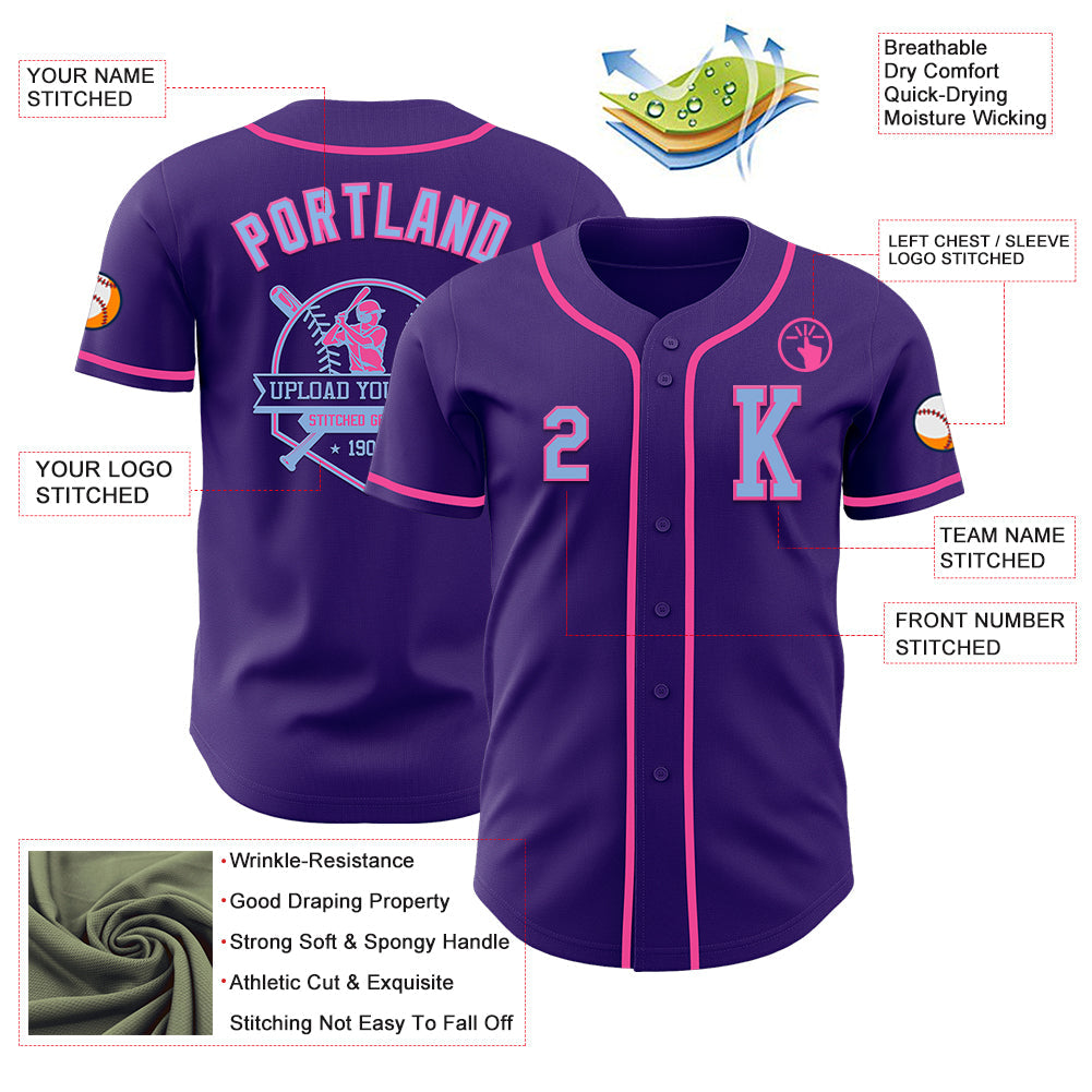 Custom Purple Light Blue-Pink Authentic Baseball Jersey view 6