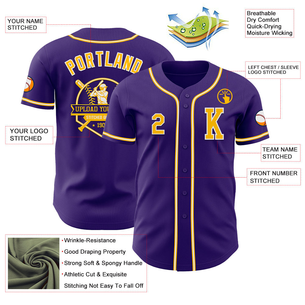Custom Purple Gold-White Authentic Baseball Jersey view 6