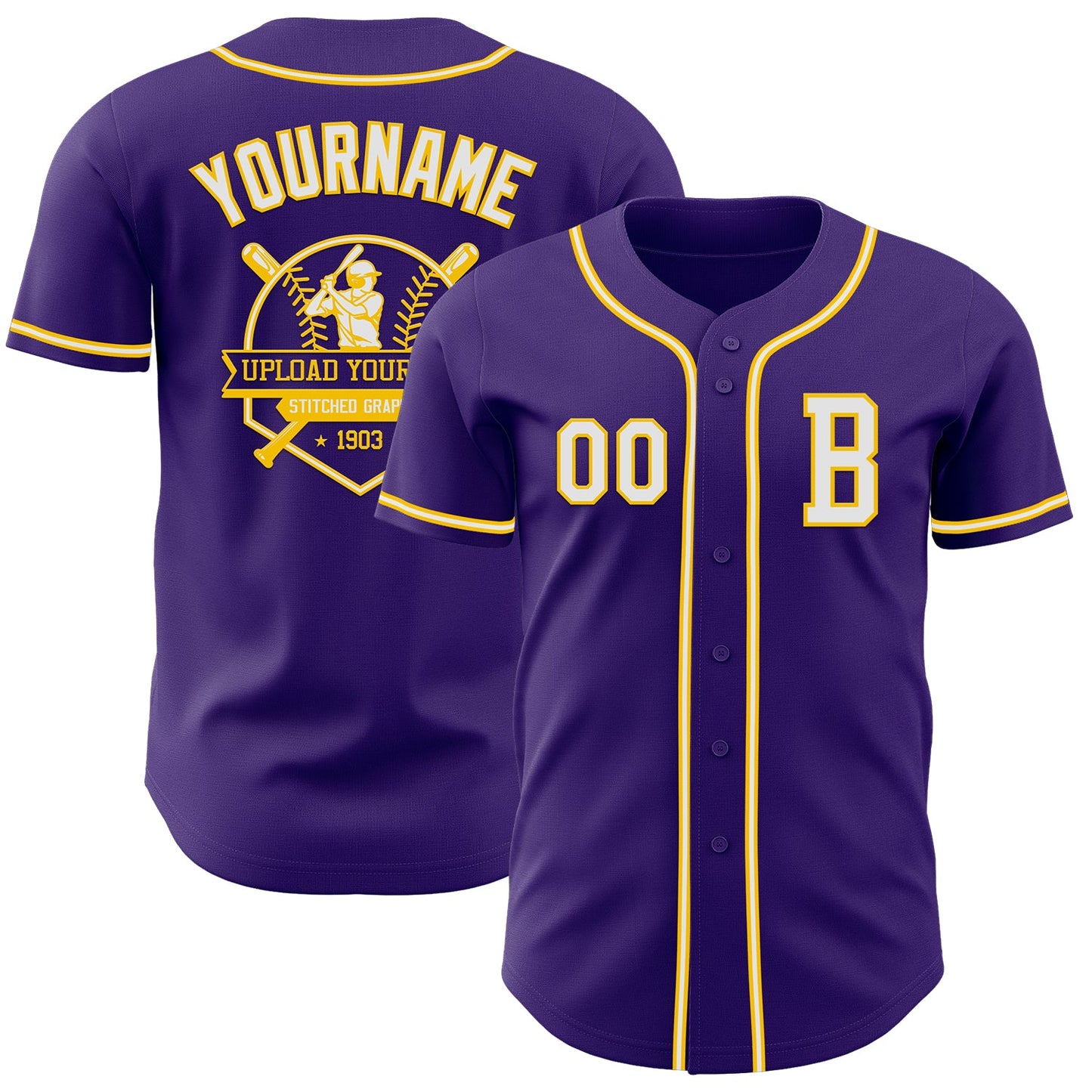 Custom Purple White-Yellow Authentic Baseball Jersey view 5