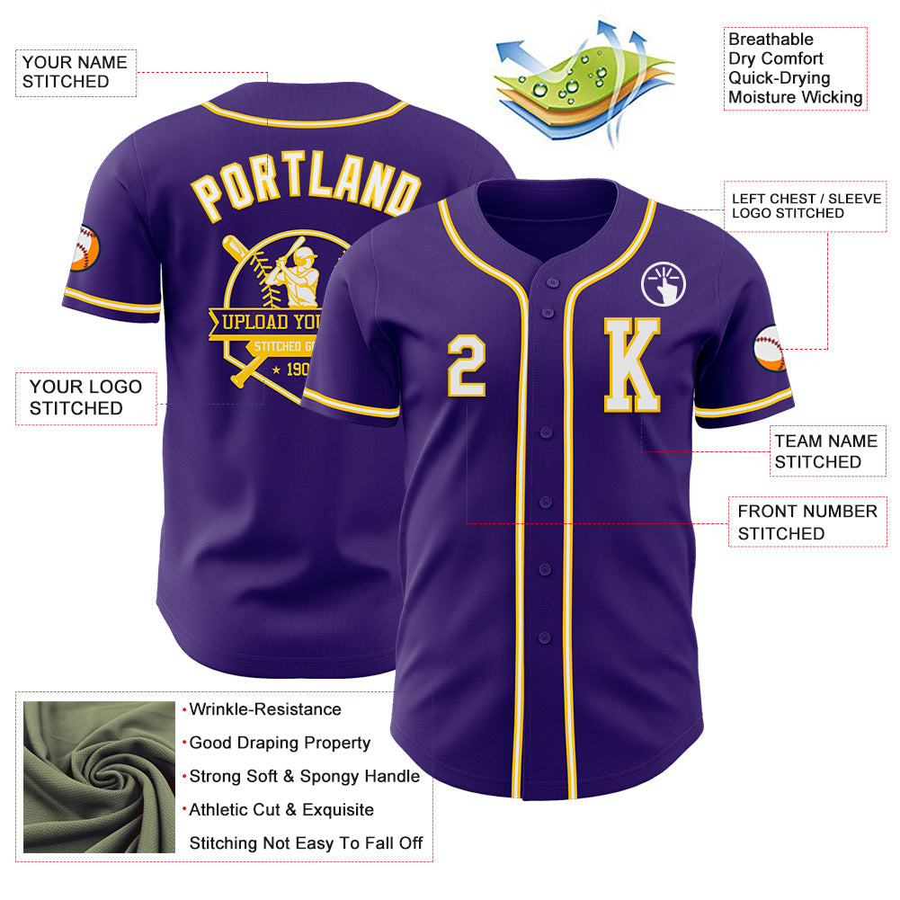 Custom Purple White-Yellow Authentic Baseball Jersey view 6