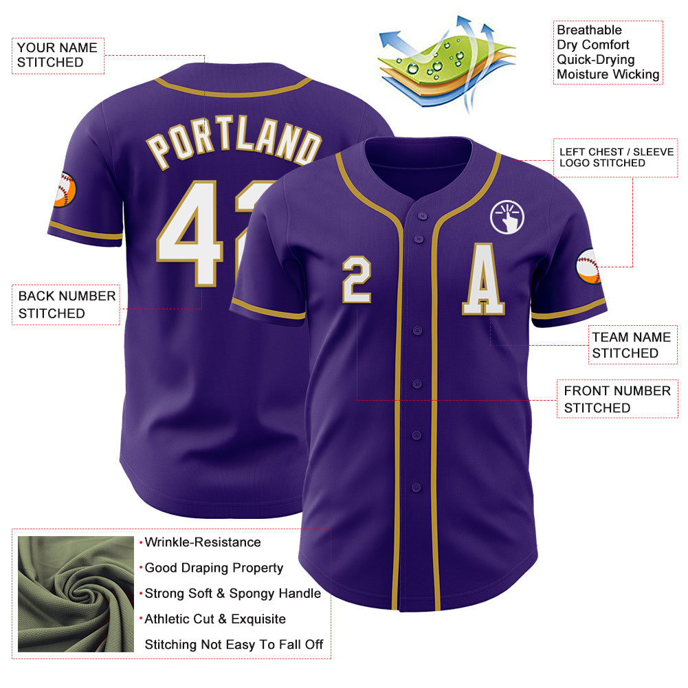 Custom Purple White-Old Gold Authentic Baseball Jersey view 2