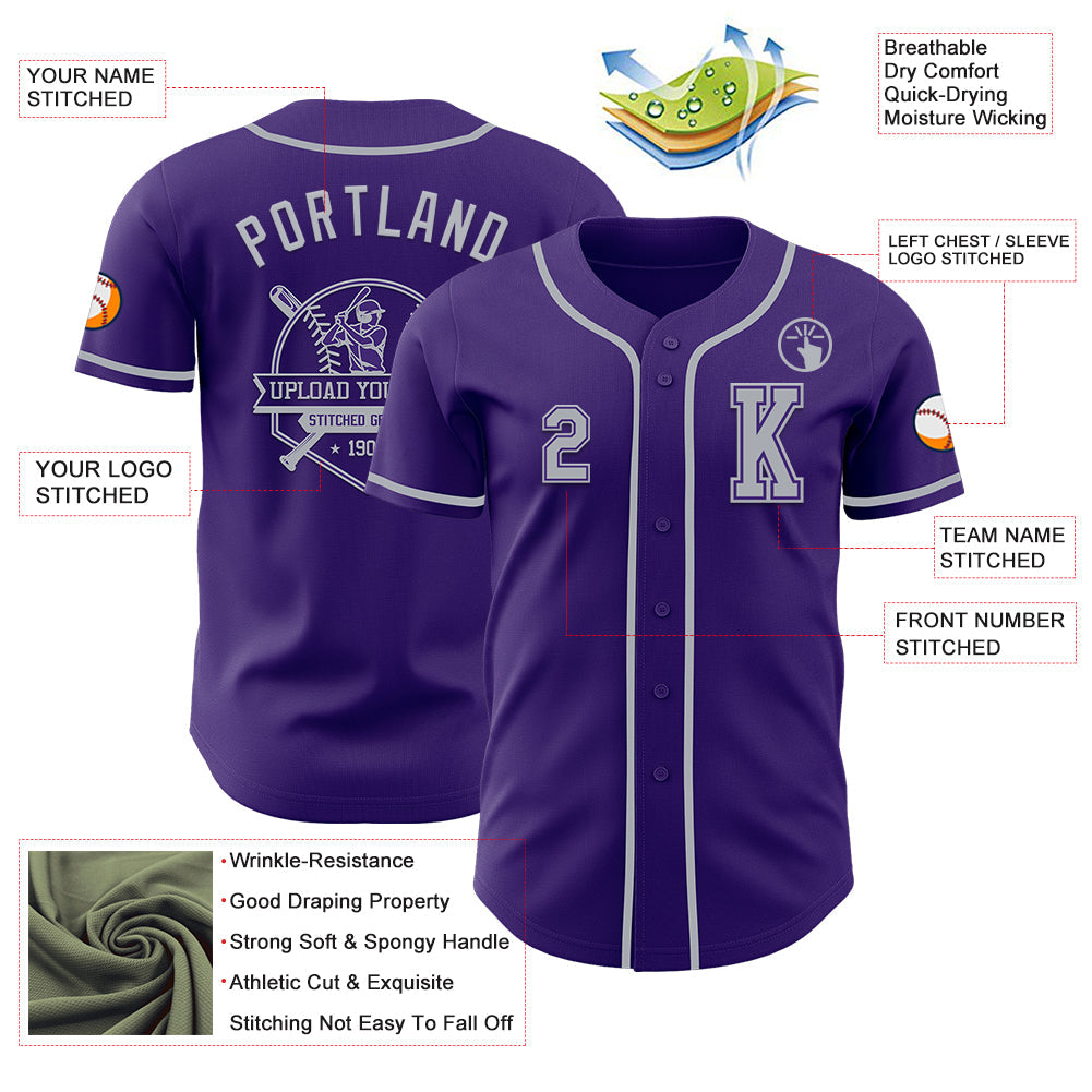 Custom Purple Gray Authentic Baseball Jersey view 6