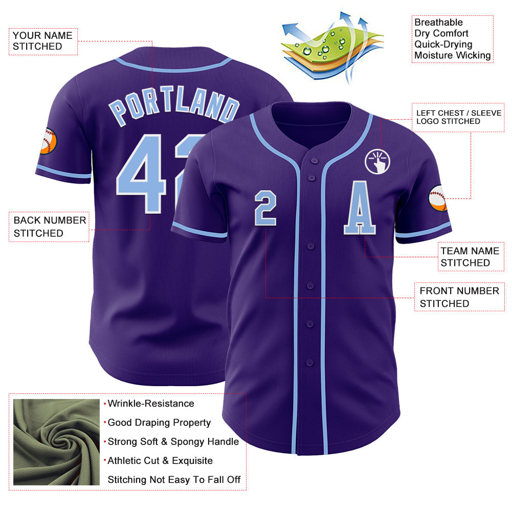 Custom Purple Light Blue-White Authentic Baseball Jersey view 2