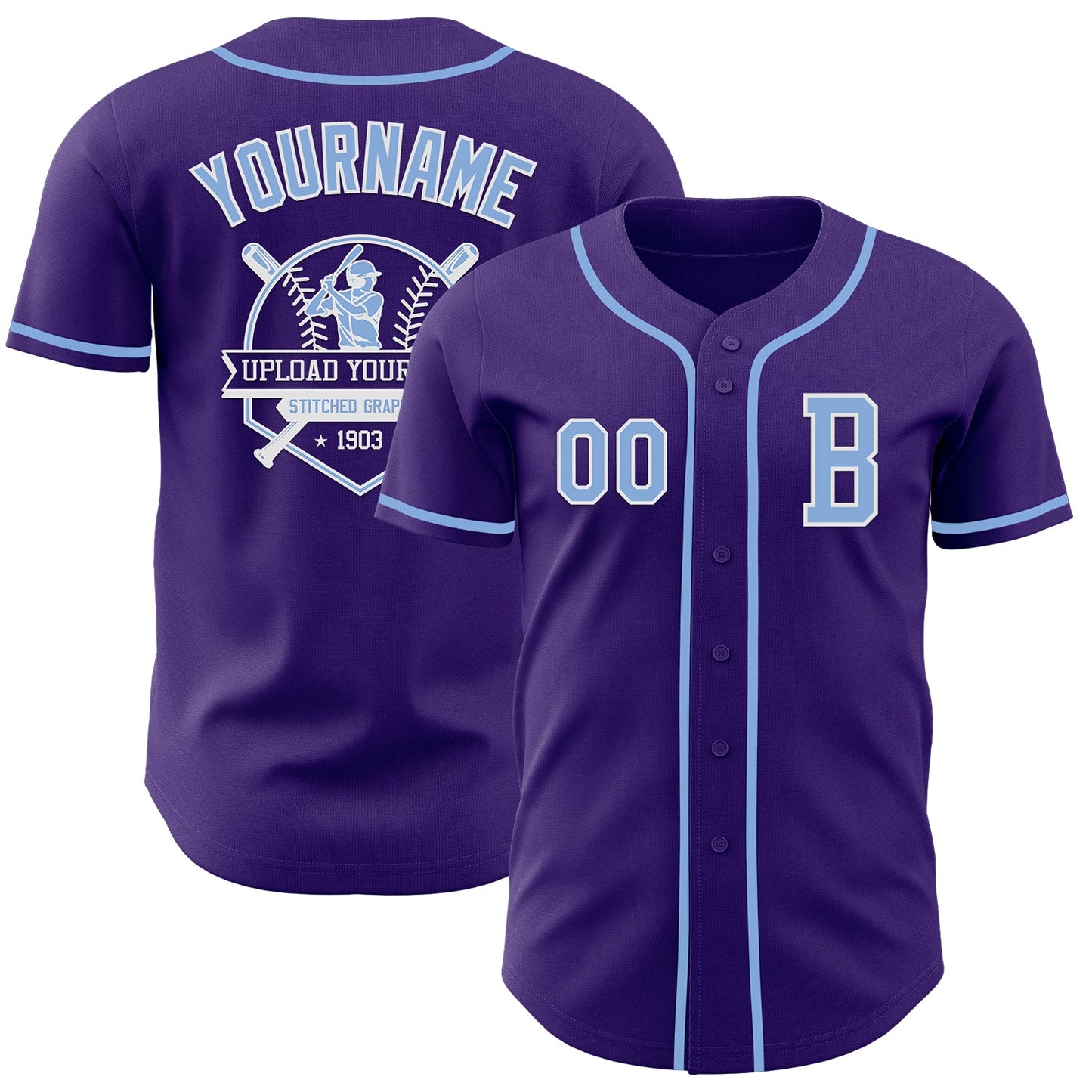Custom Purple Light Blue-White Authentic Baseball Jersey view 5