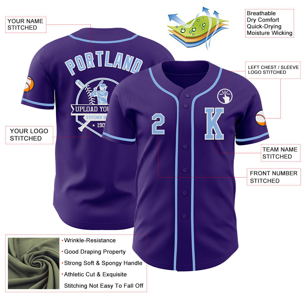 Custom Purple Light Blue-White Authentic Baseball Jersey view 6