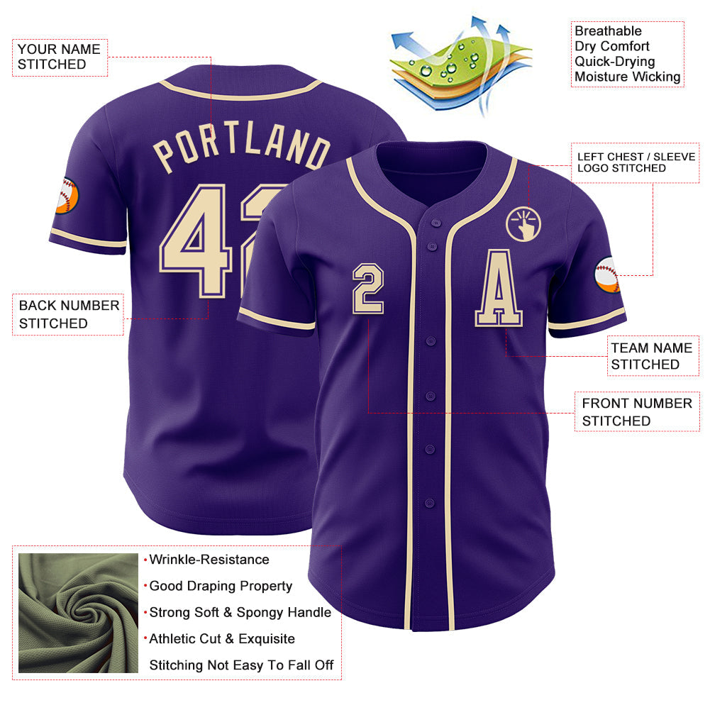 Custom Purple Cream Authentic Baseball Jersey view 2