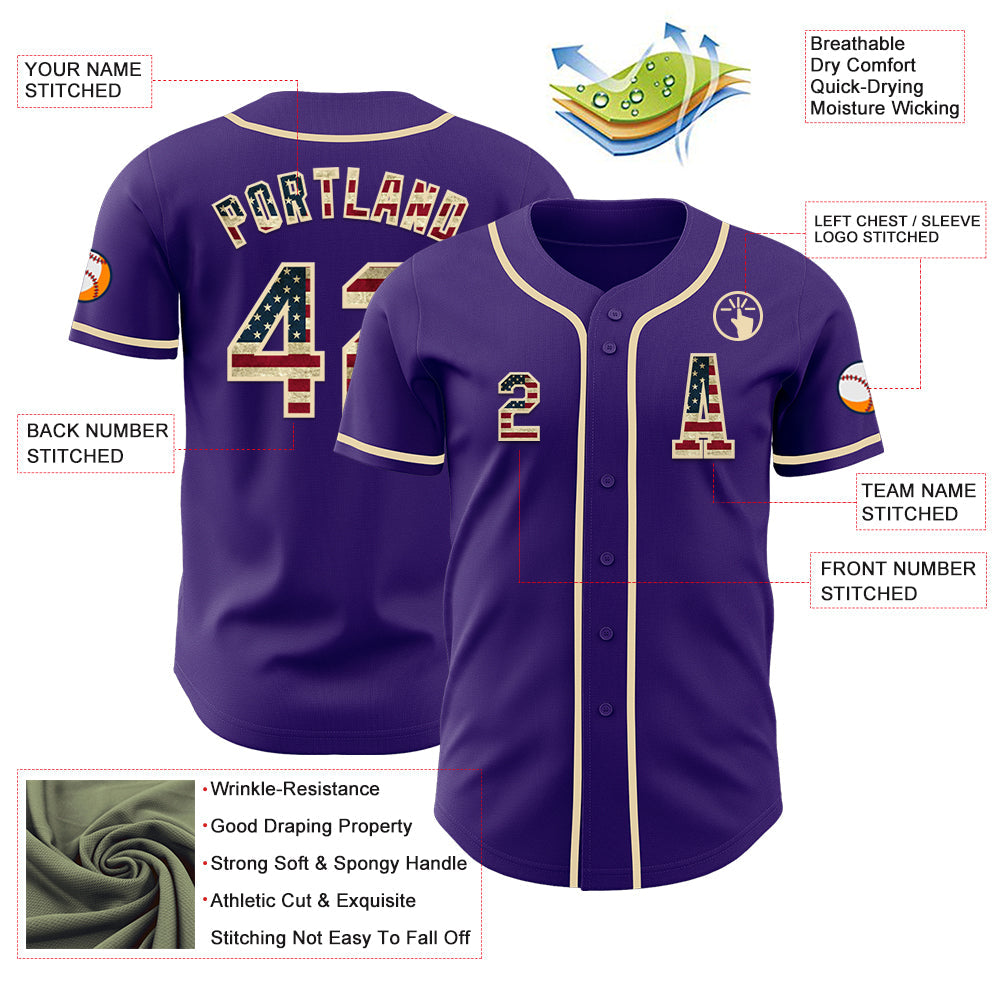 Custom Purple Vintage USA Flag-Cream Authentic Baseball Jersey view 2