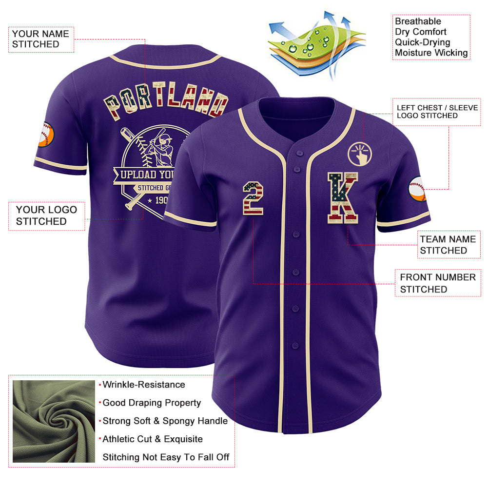 Custom Purple Vintage USA Flag-Cream Authentic Baseball Jersey view 6