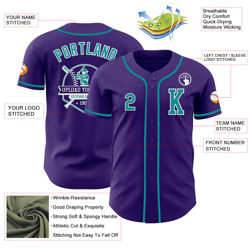 Custom Purple Teal-White Authentic Baseball Jersey view 6