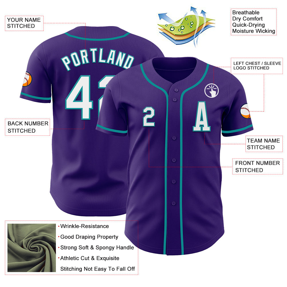 Custom Purple White-Teal Authentic Baseball Jersey view 2