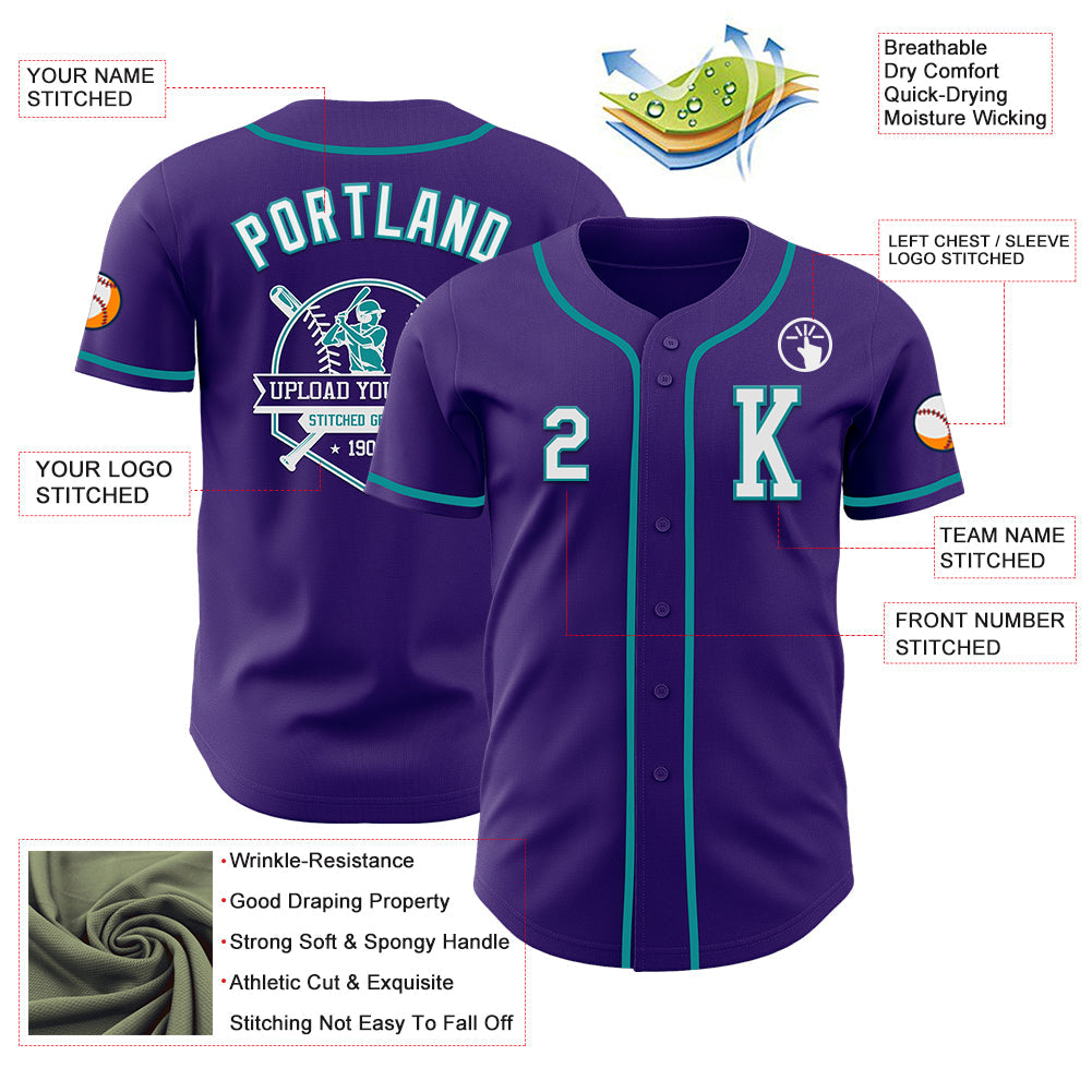 Custom Purple White-Teal Authentic Baseball Jersey view 6