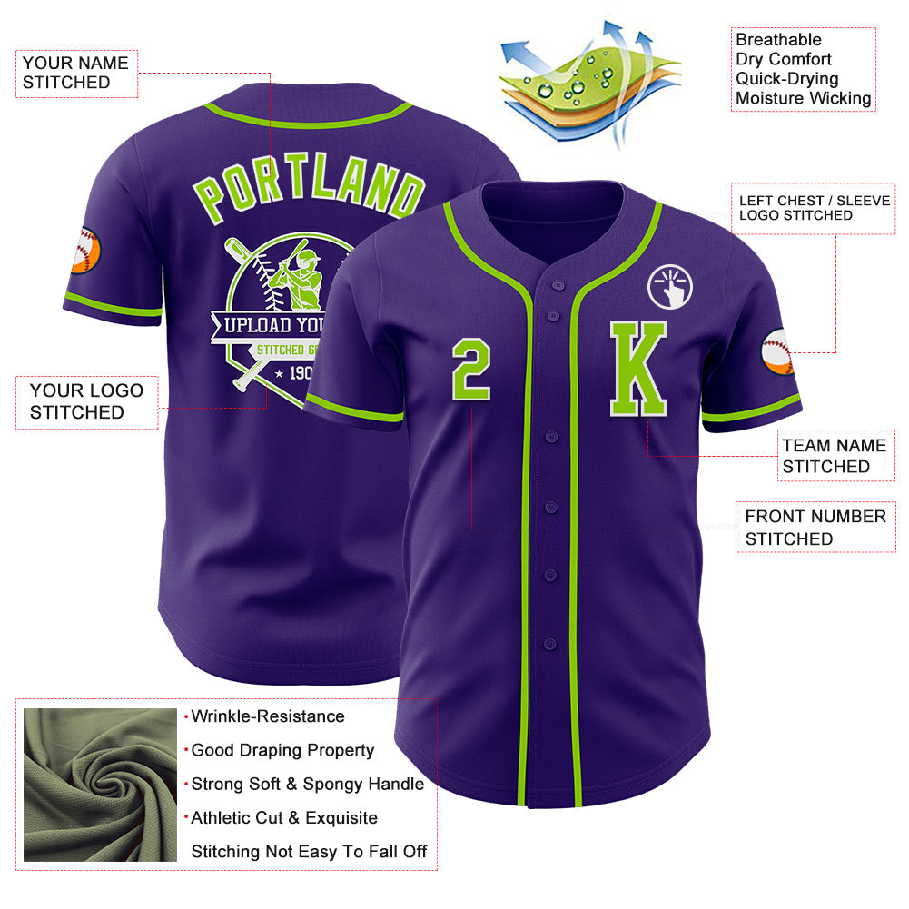 Custom Purple Neon Green-White Authentic Baseball Jersey view 6