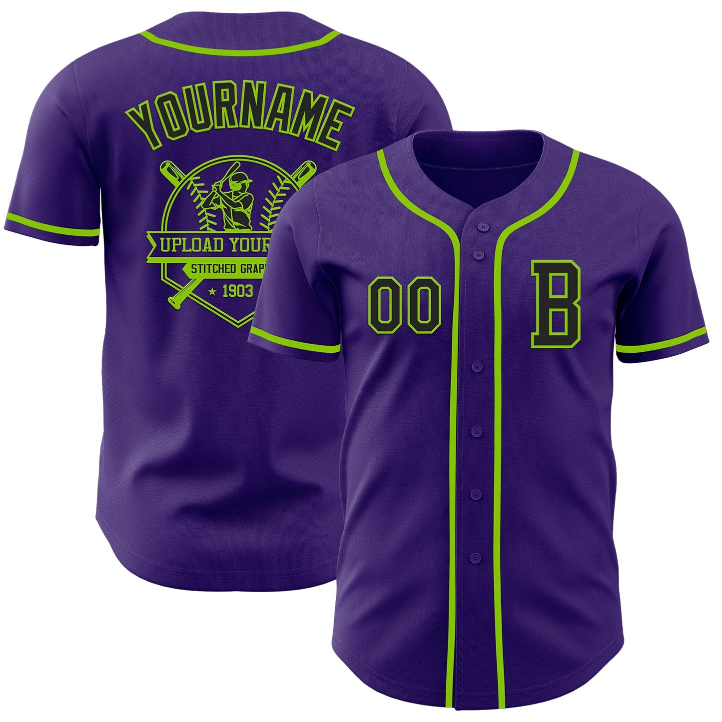 Custom Purple Black-Neon Green Authentic Baseball Jersey view 5