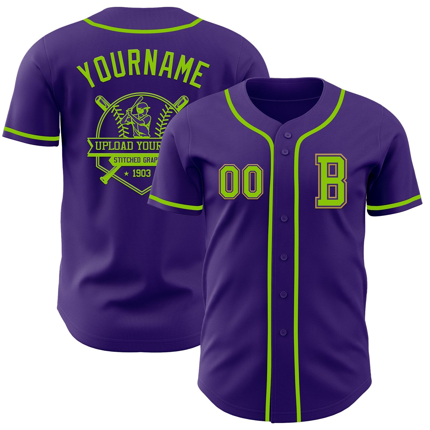 Custom Purple Neon Green-Old Gold Authentic Baseball Jersey view 5