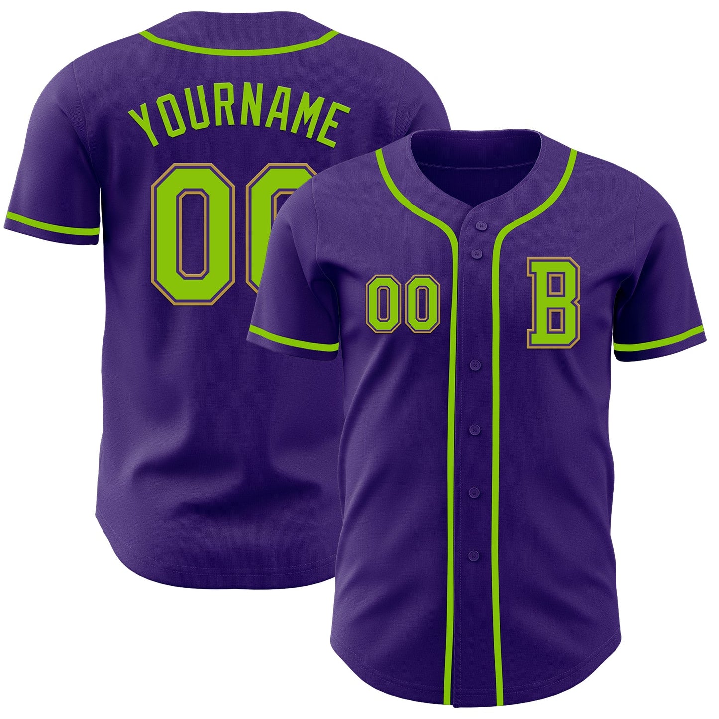Custom Purple Neon Green-Old Gold Authentic Baseball Jersey - Main View
