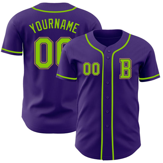 Custom Purple Neon Green-Old Gold Authentic Baseball Jersey - Main View