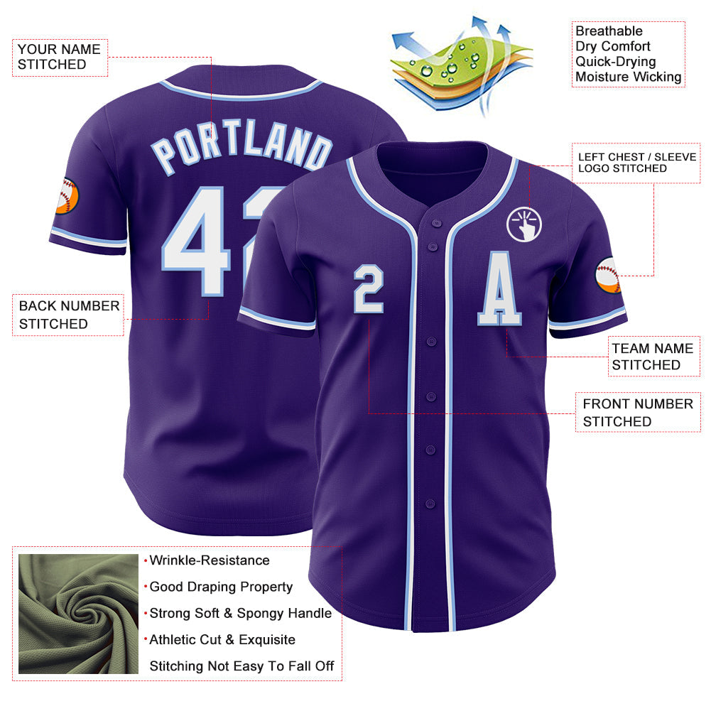 Custom Purple White-Light Blue Authentic Baseball Jersey view 2
