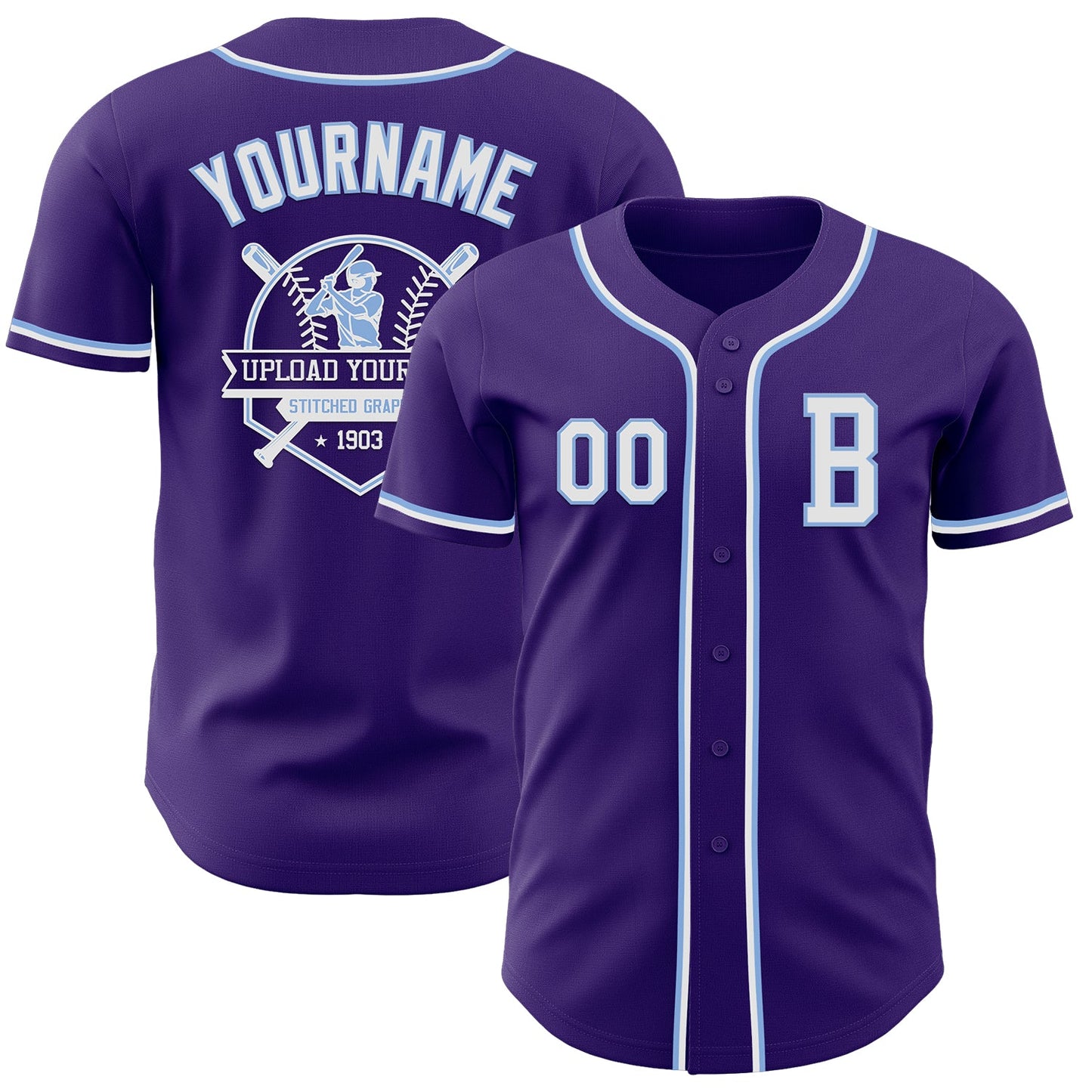 Custom Purple White-Light Blue Authentic Baseball Jersey view 5