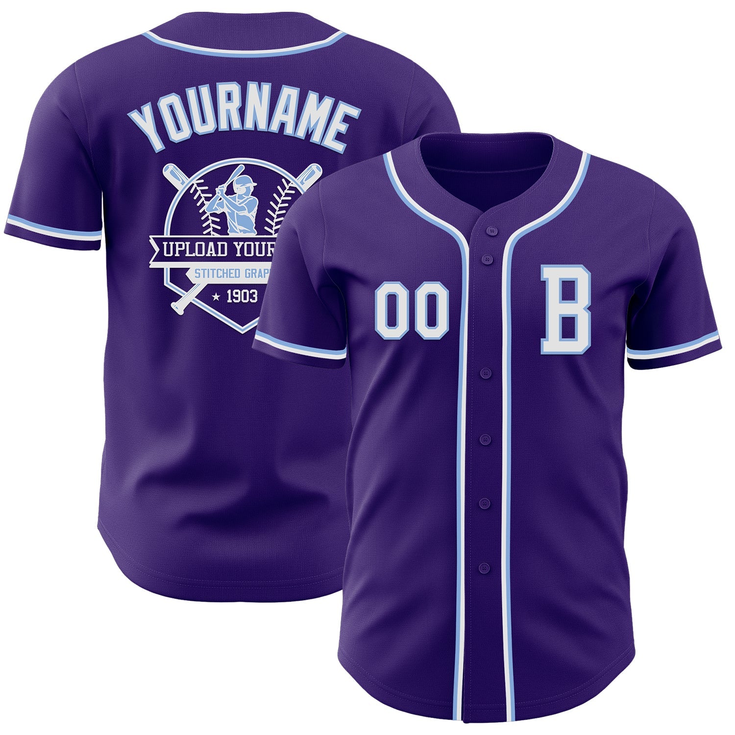 Custom Purple White-Light Blue Authentic Baseball Jersey view 5
