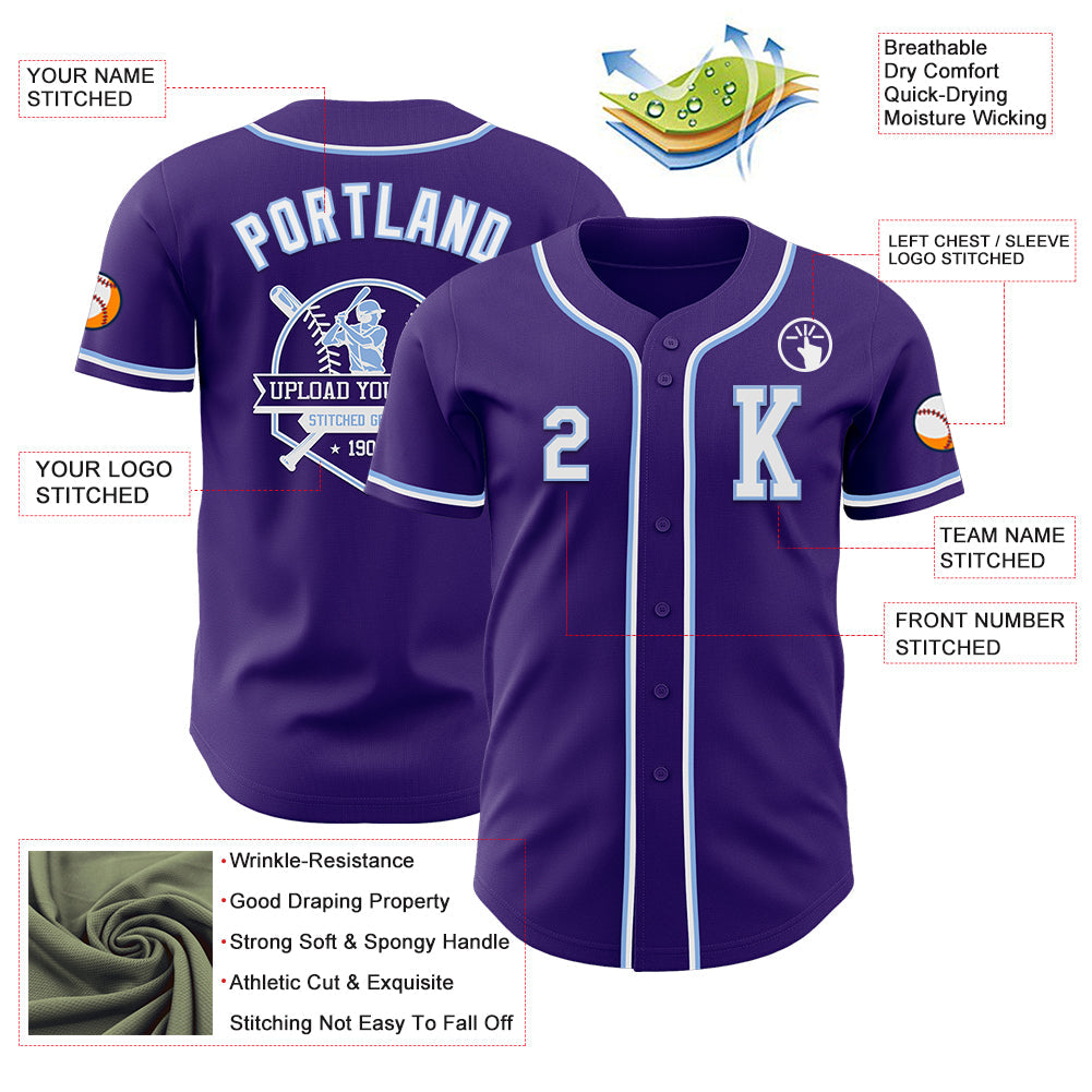 Custom Purple White-Light Blue Authentic Baseball Jersey view 6