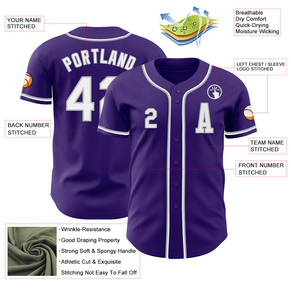 Custom Purple White-Gray Authentic Baseball Jersey view 2