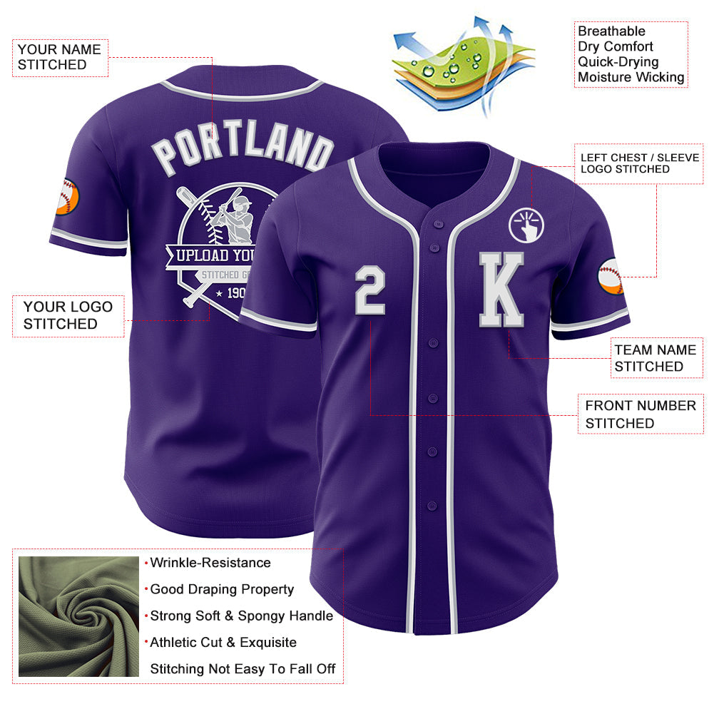Custom Purple White-Gray Authentic Baseball Jersey view 6