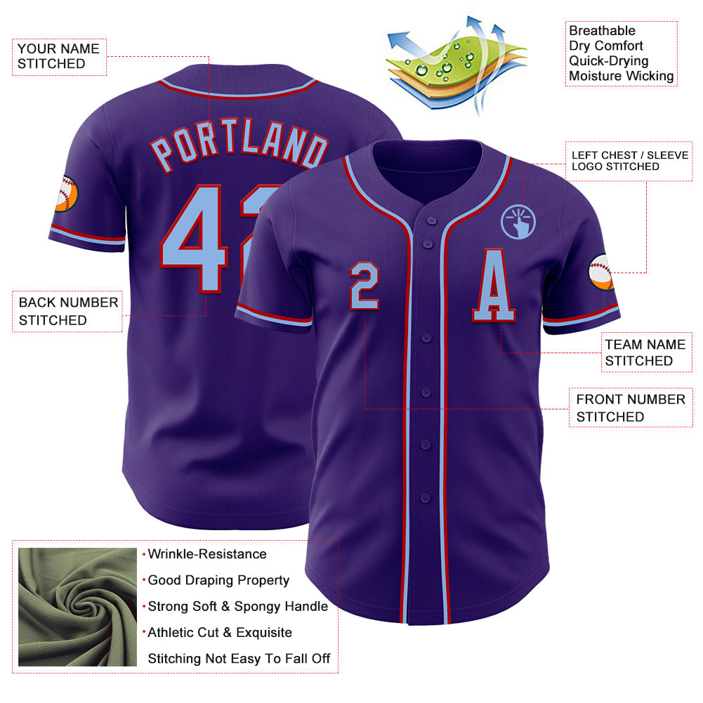 Custom Purple Light Blue-Red Authentic Baseball Jersey view 2