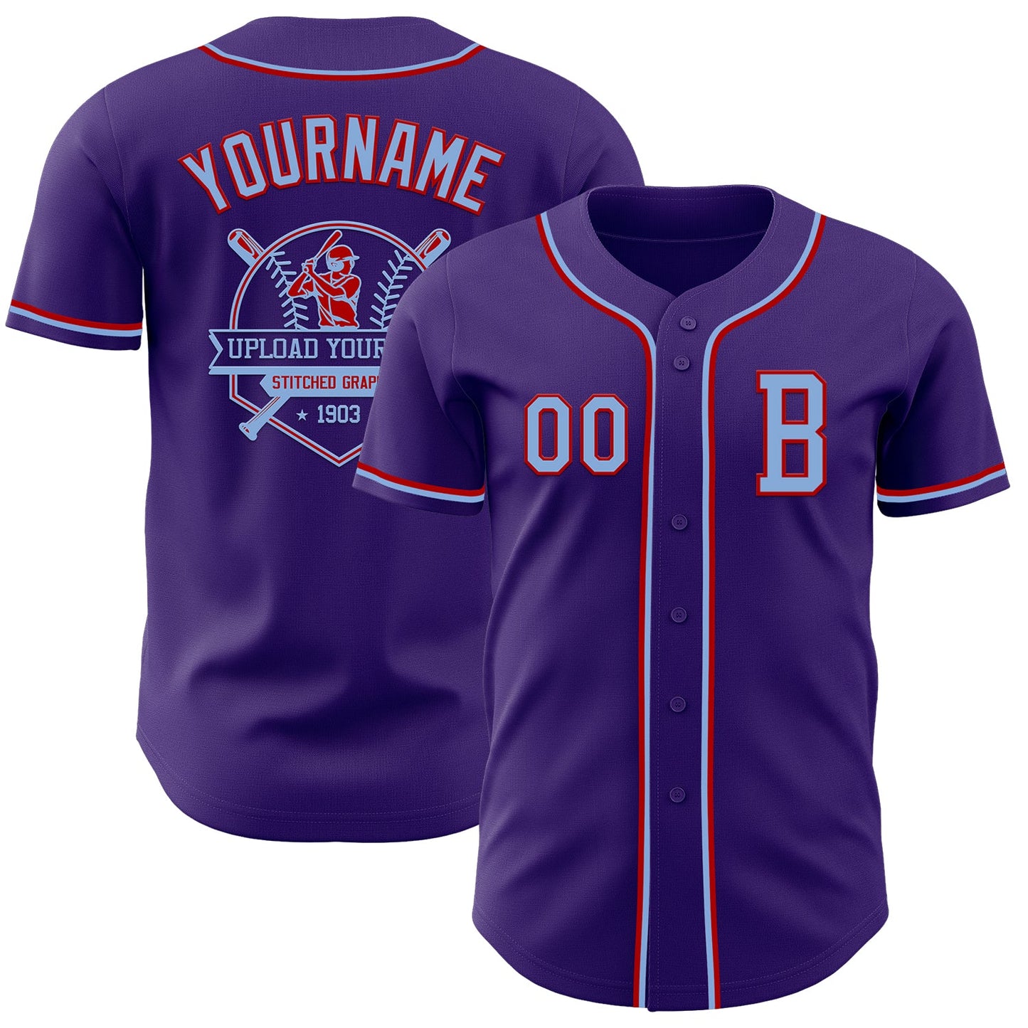 Custom Purple Light Blue-Red Authentic Baseball Jersey view 5