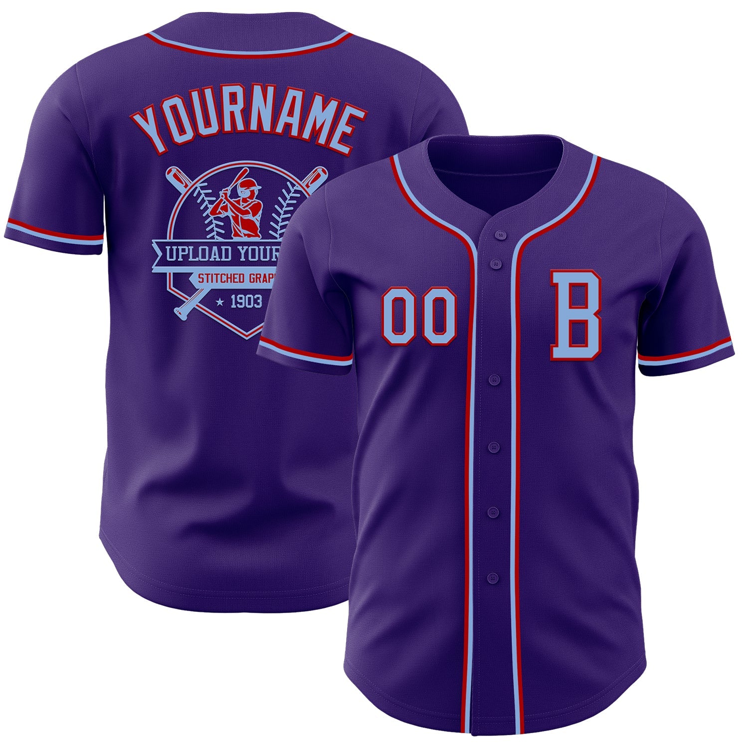 Custom Purple Light Blue-Red Authentic Baseball Jersey view 5