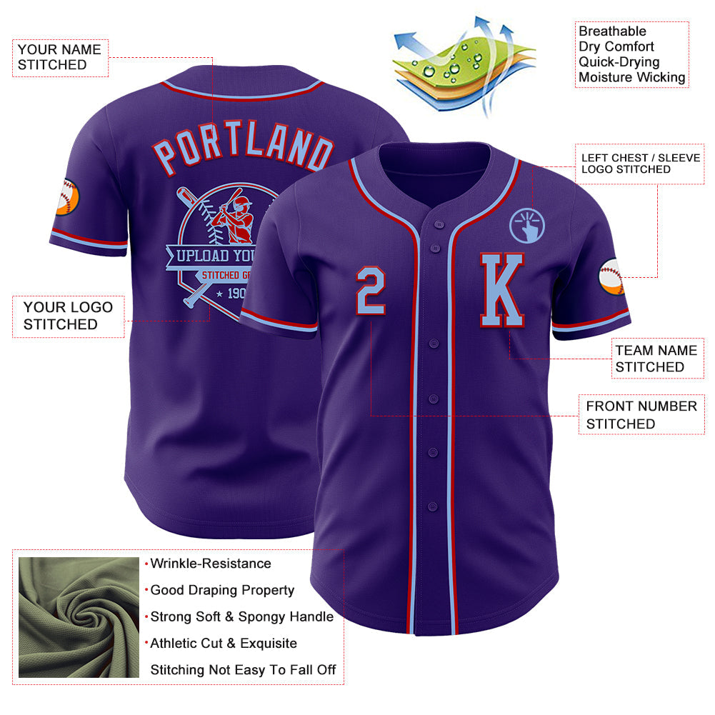 Custom Purple Light Blue-Red Authentic Baseball Jersey view 6