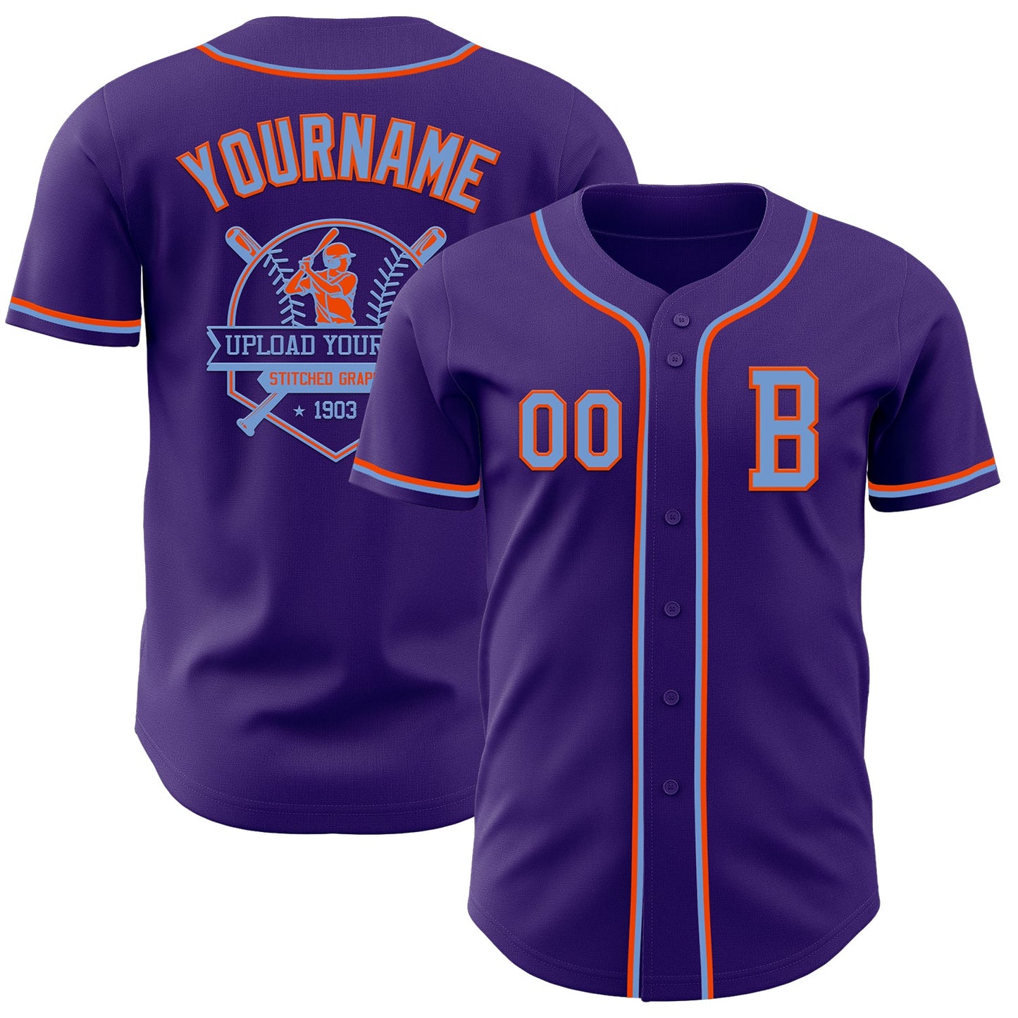 Custom Purple Electric Blue-Orange Authentic Baseball Jersey view 5