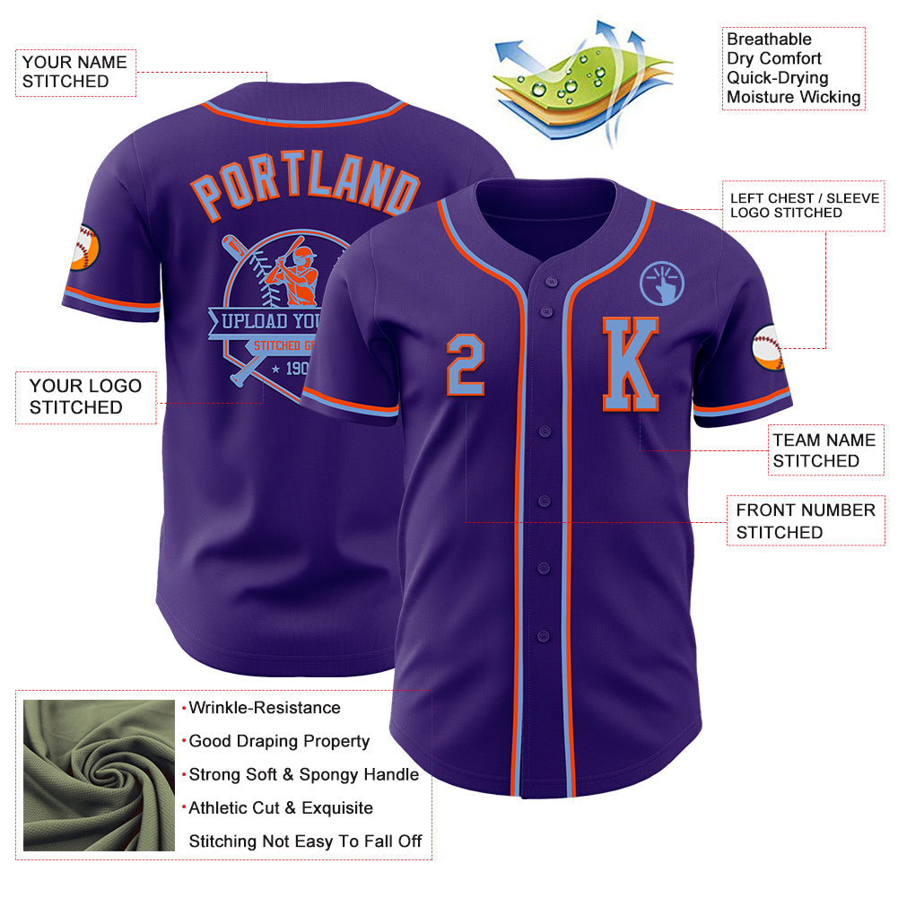 Custom Purple Electric Blue-Orange Authentic Baseball Jersey view 6