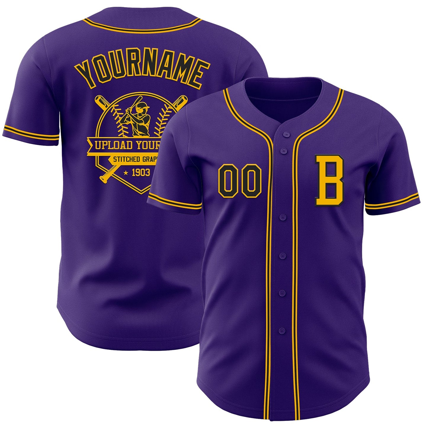 Custom Purple Black-Gold Authentic Baseball Jersey view 5