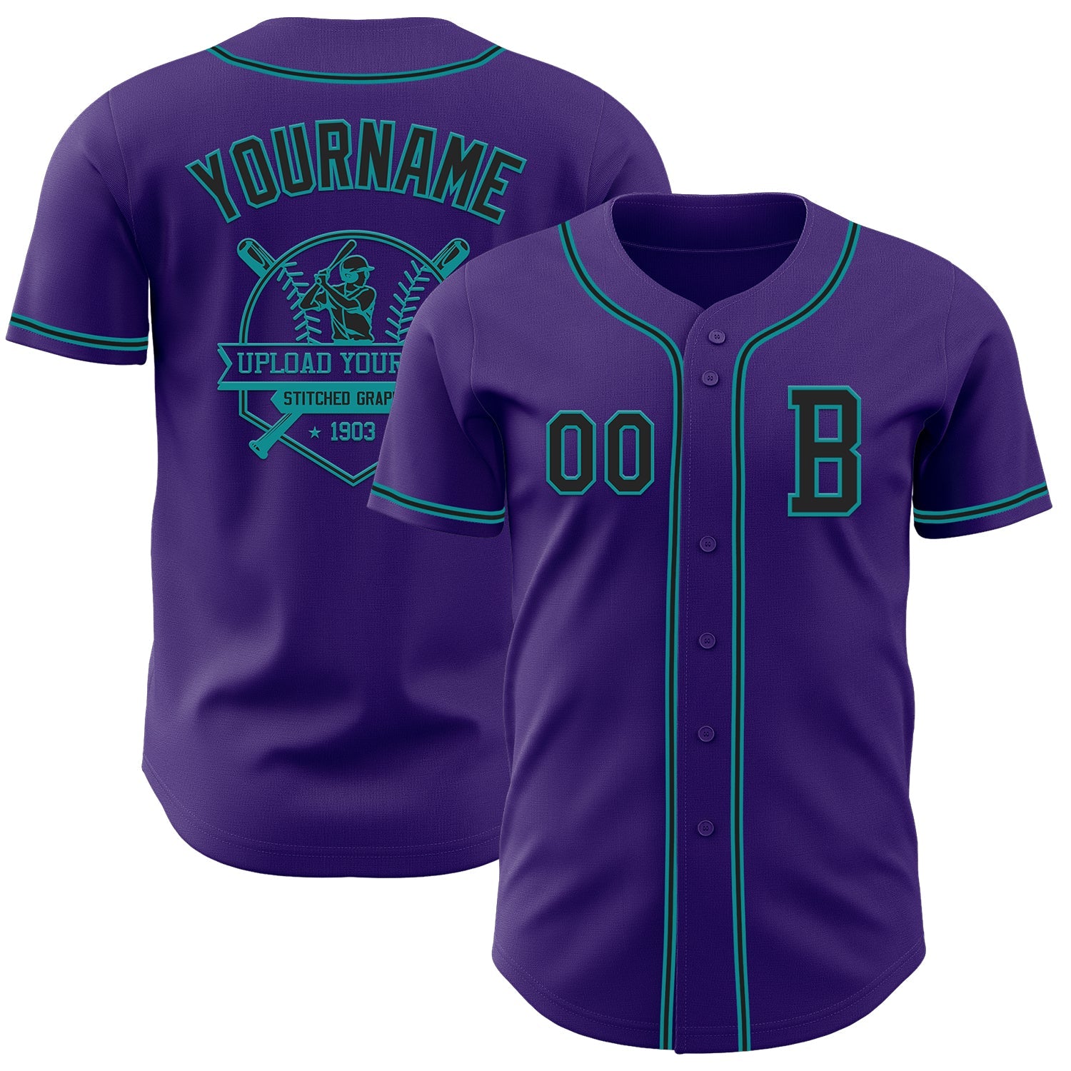 Custom Purple Black-Teal Authentic Baseball Jersey view 5