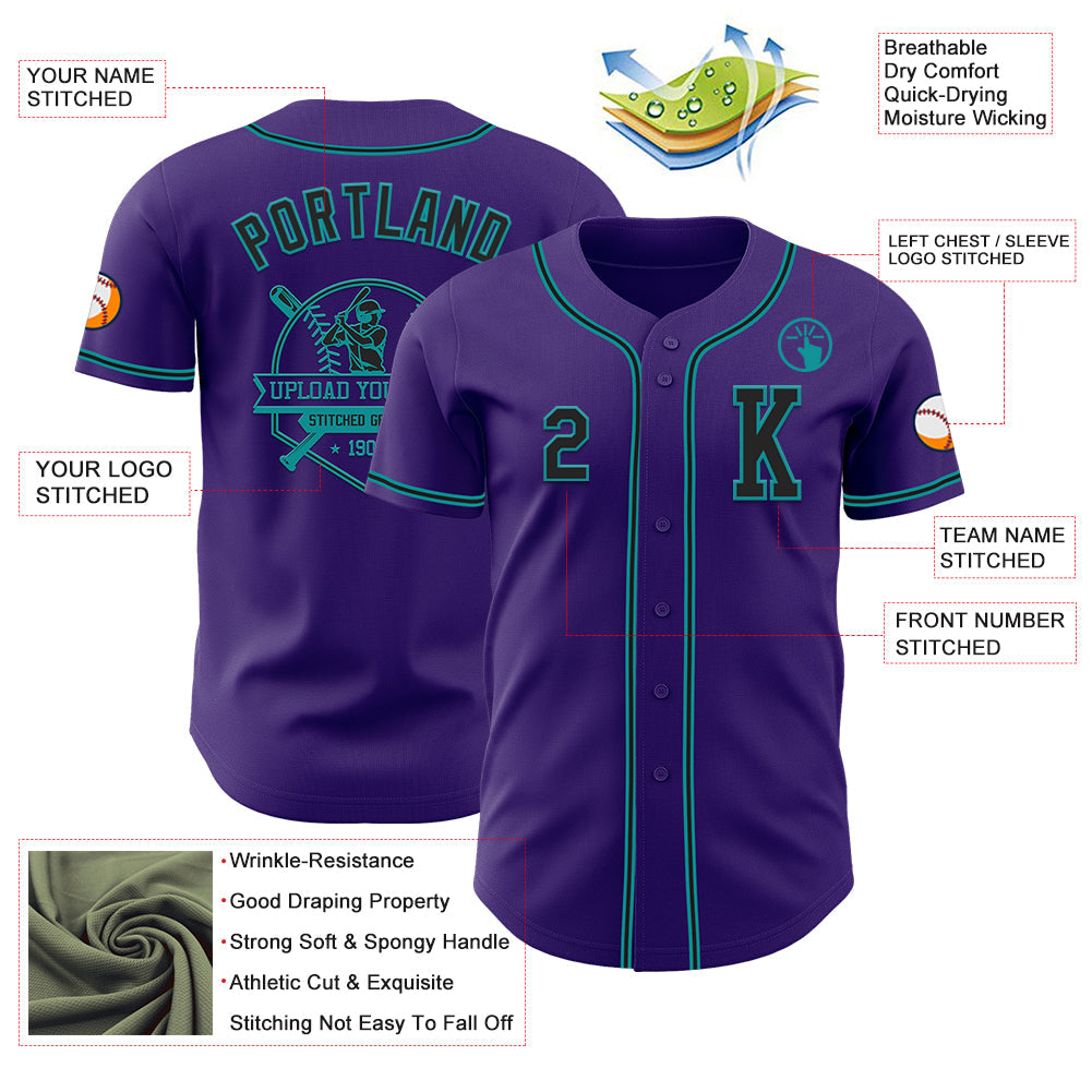 Custom Purple Black-Teal Authentic Baseball Jersey view 6