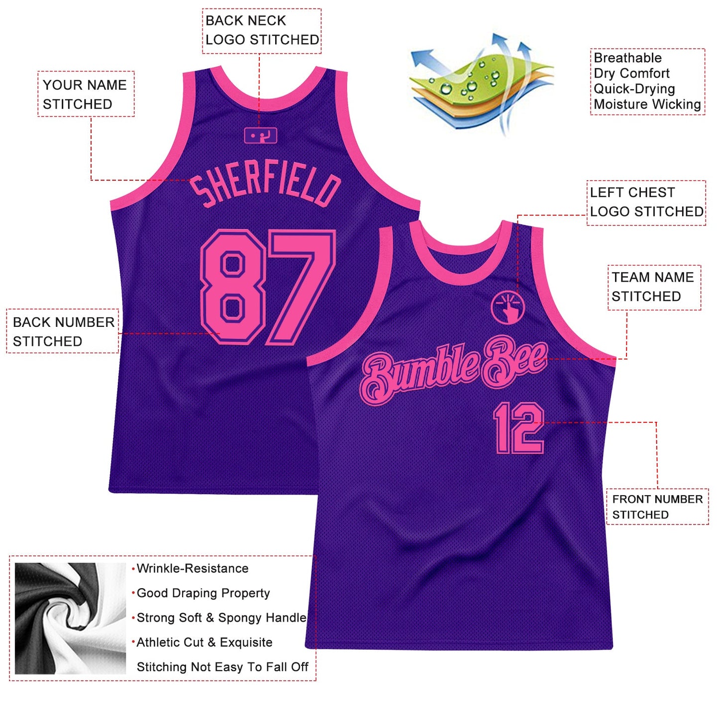 Custom Purple Pink Authentic Throwback Basketball Jersey view 2