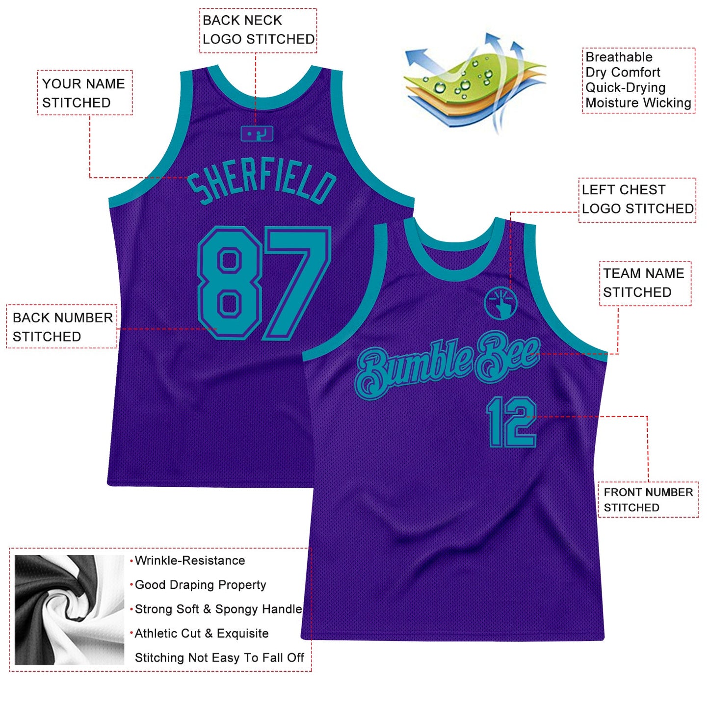 Custom Purple Teal Authentic Throwback Basketball Jersey view 2