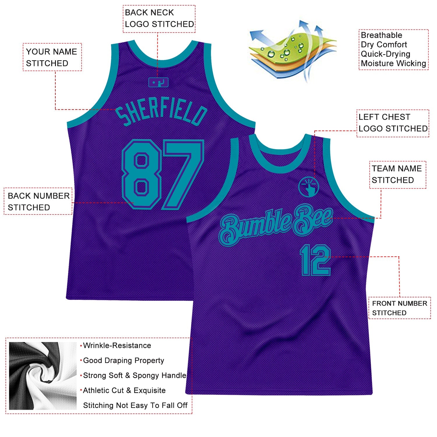 Custom Purple Teal Authentic Throwback Basketball Jersey view 2