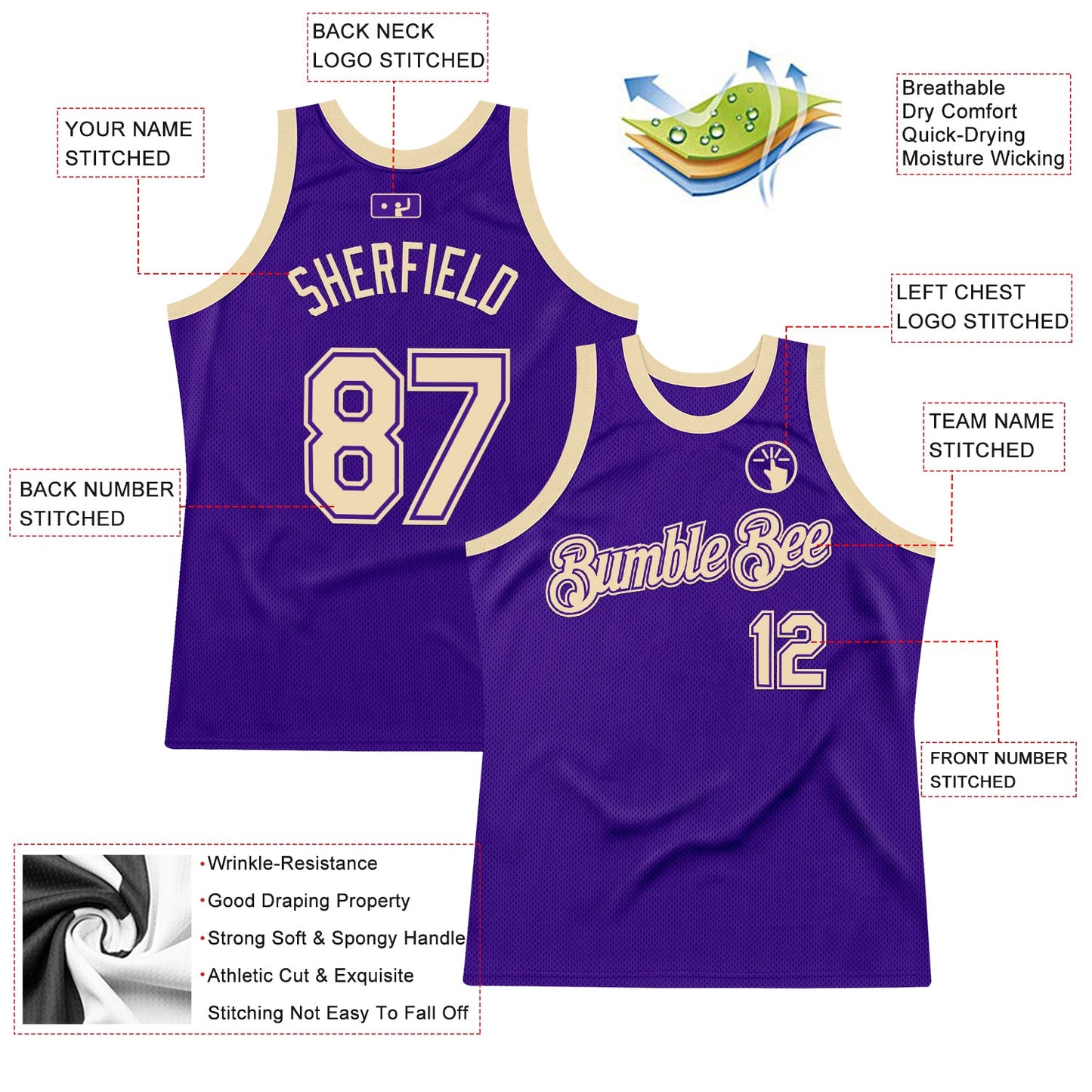 Custom Purple Cream Authentic Throwback Basketball Jersey view 2