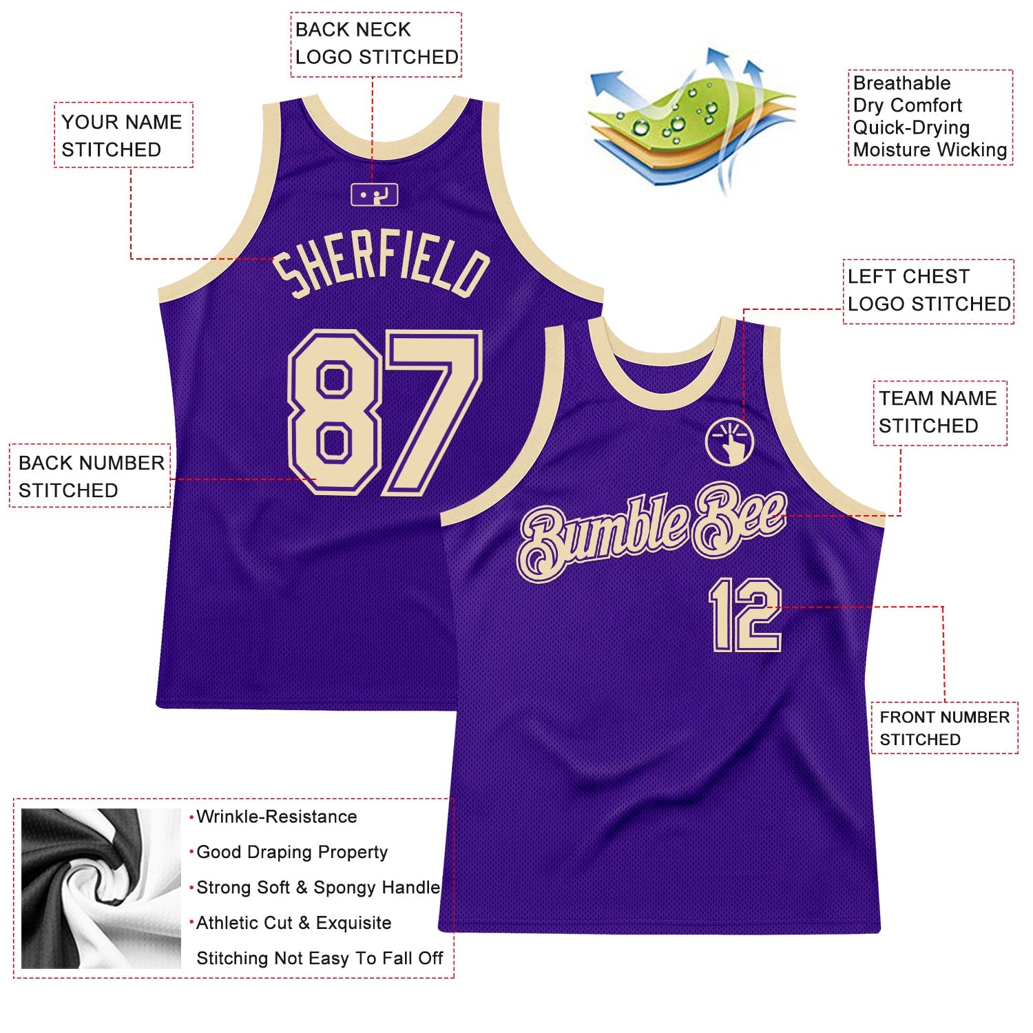 Custom Purple Cream Authentic Throwback Basketball Jersey view 2