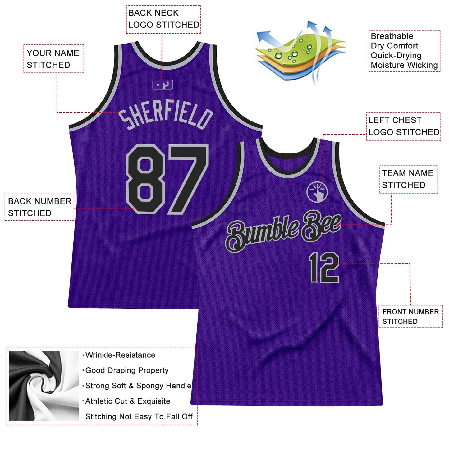 Custom Purple Black-Gray Authentic Throwback Basketball Jersey view 2