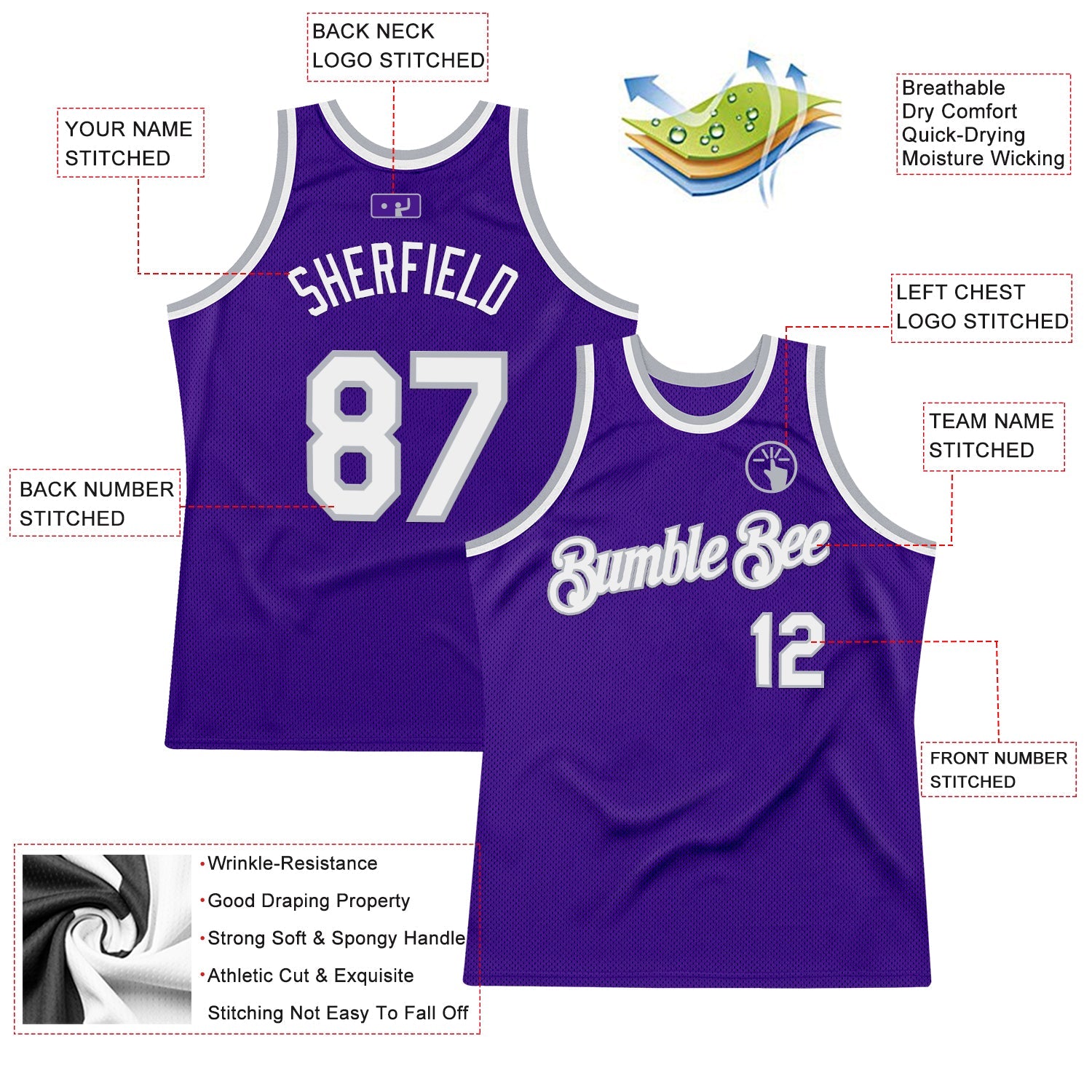 Custom Purple White-Gray Authentic Throwback Basketball Jersey view 2