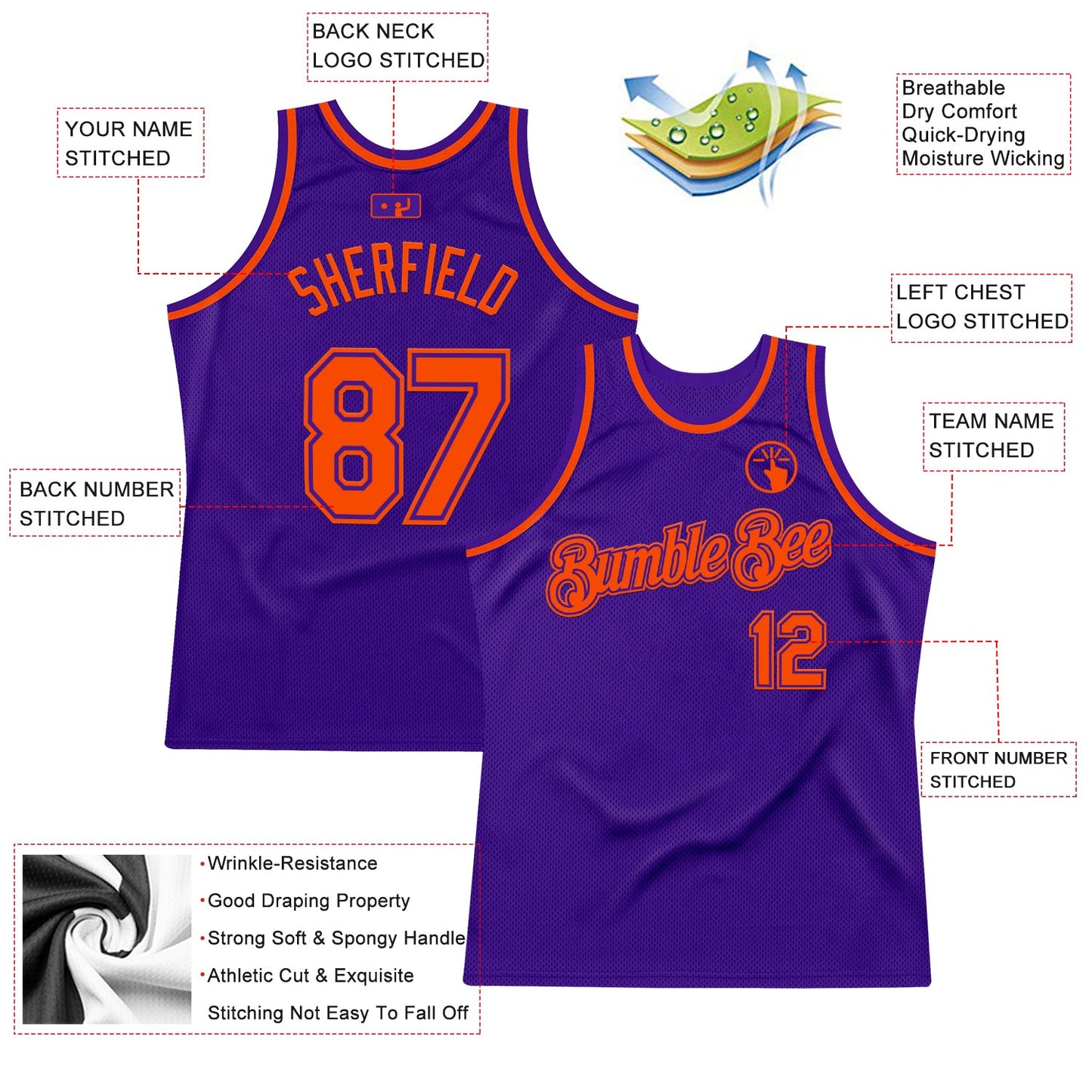 Custom Purple Orange Authentic Throwback Basketball Jersey view 2