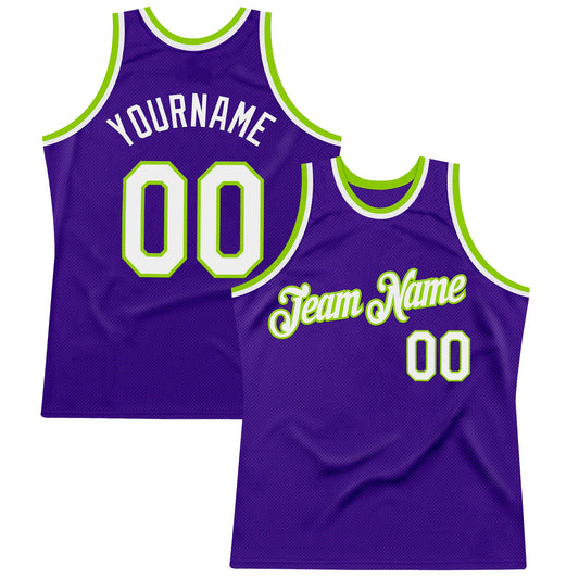 Custom Purple White-Neon Green Authentic Throwback Basketball Jersey - Main View