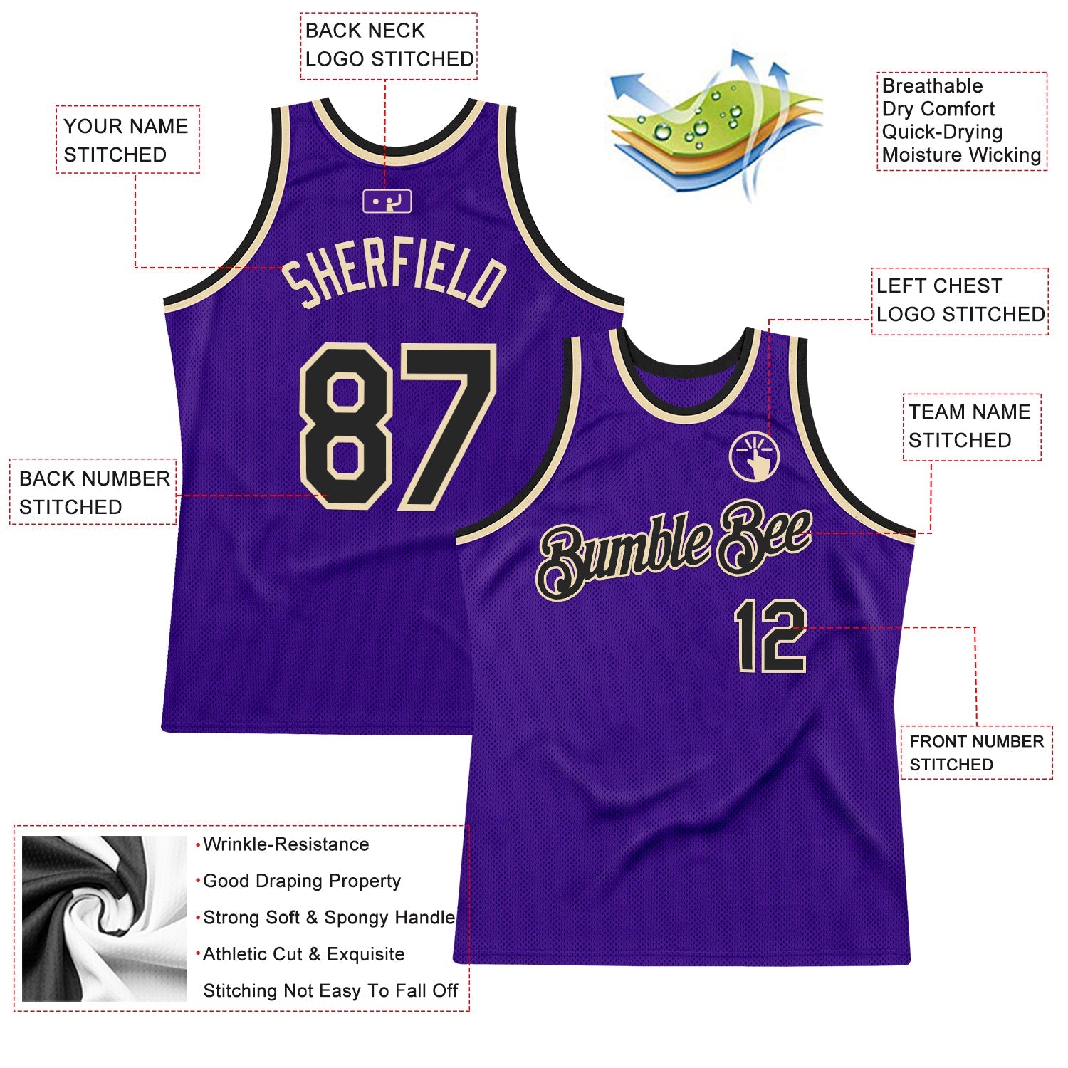 Custom Purple Black-Cream Authentic Throwback Basketball Jersey view 2